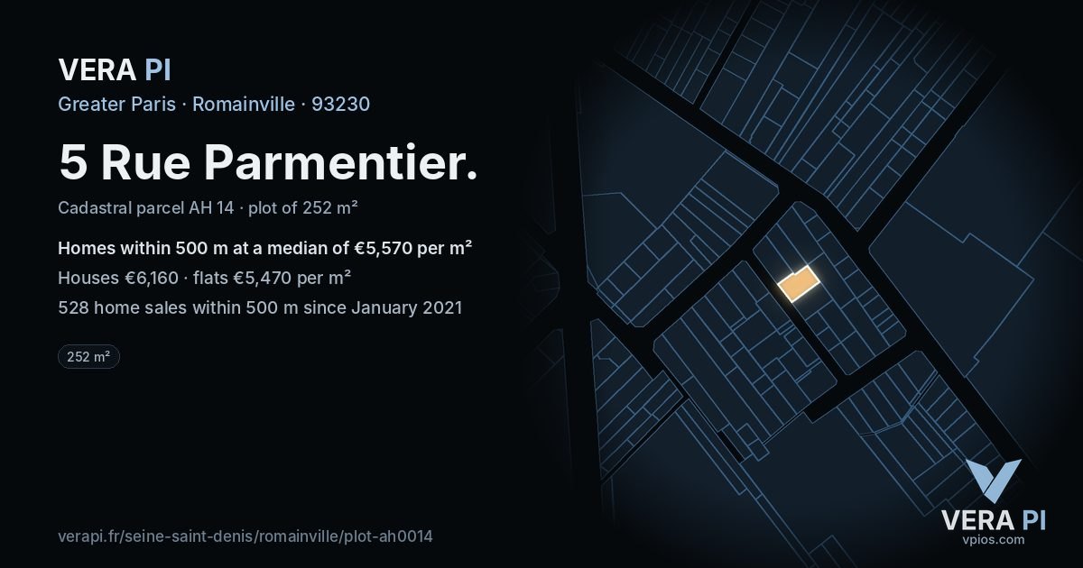 5 Rue Parmentier, Romainville at night – the plot lit, the parcels around coloured by the prices near them