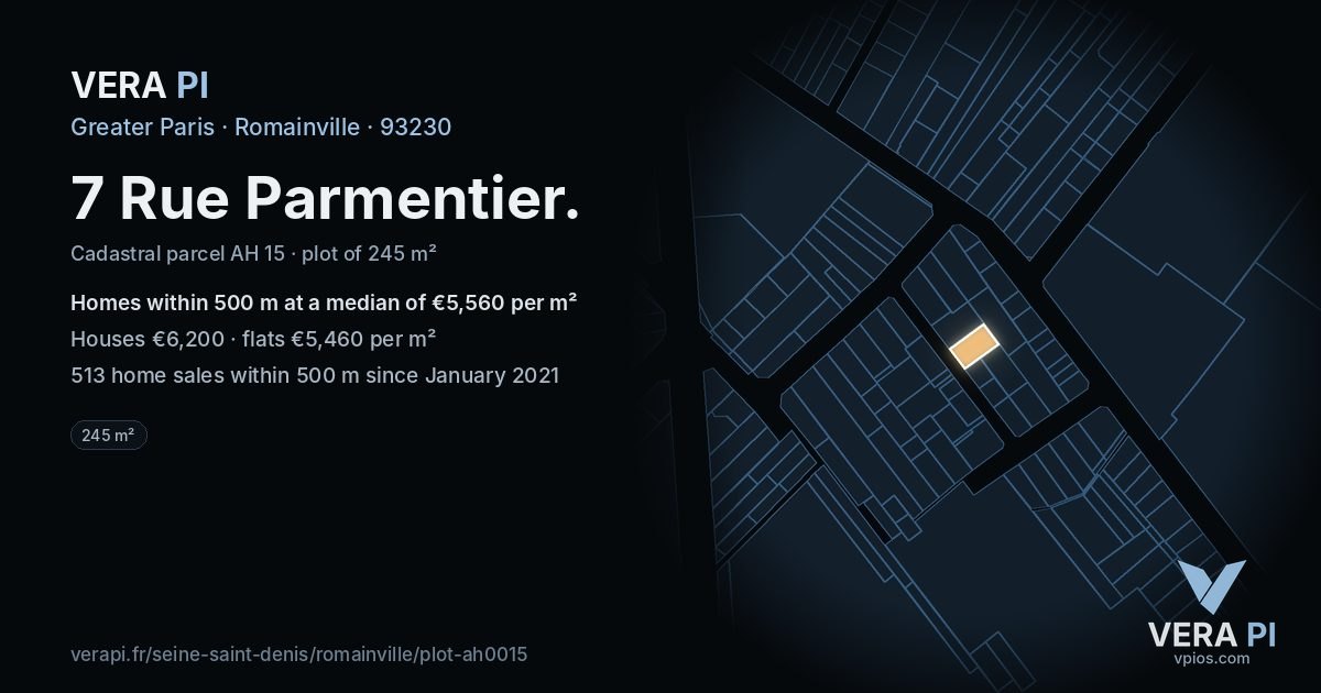 7 Rue Parmentier, Romainville at night – the plot lit, the parcels around coloured by the prices near them