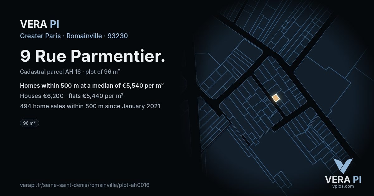 9 Rue Parmentier, Romainville at night – the plot lit, the parcels around coloured by the prices near them