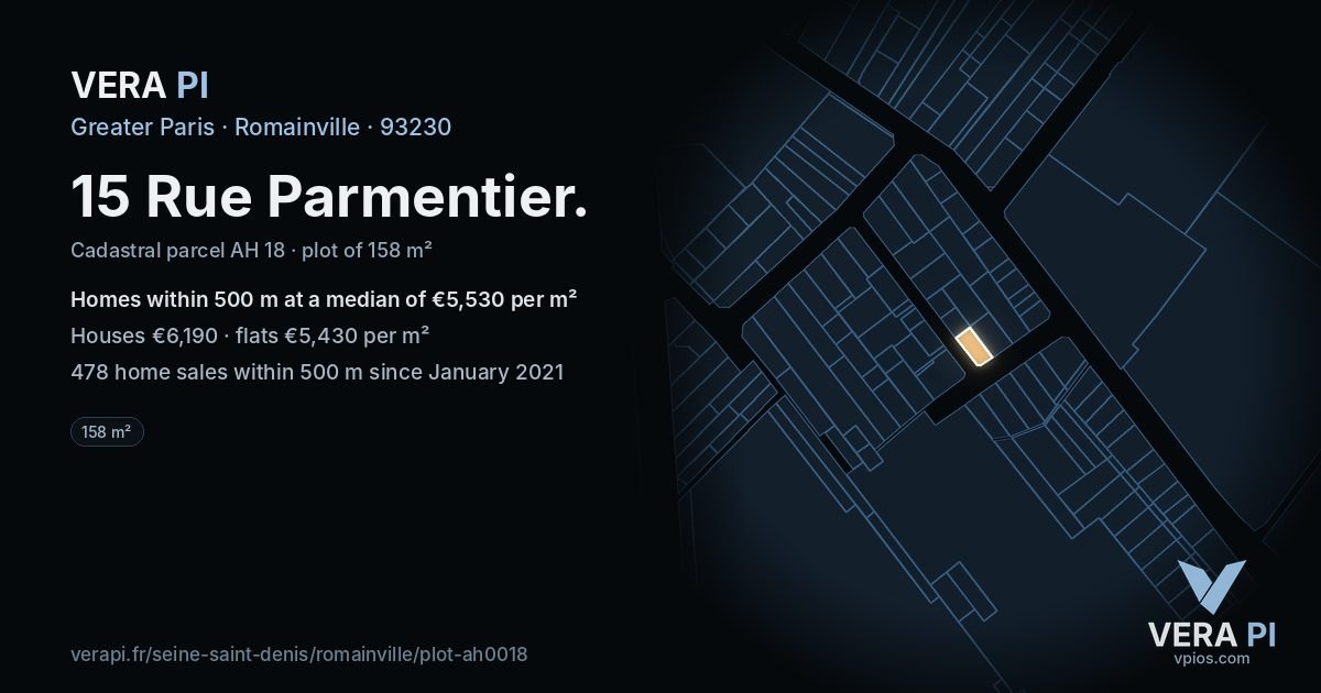 15 Rue Parmentier, Romainville at night – the plot lit, the parcels around coloured by the prices near them