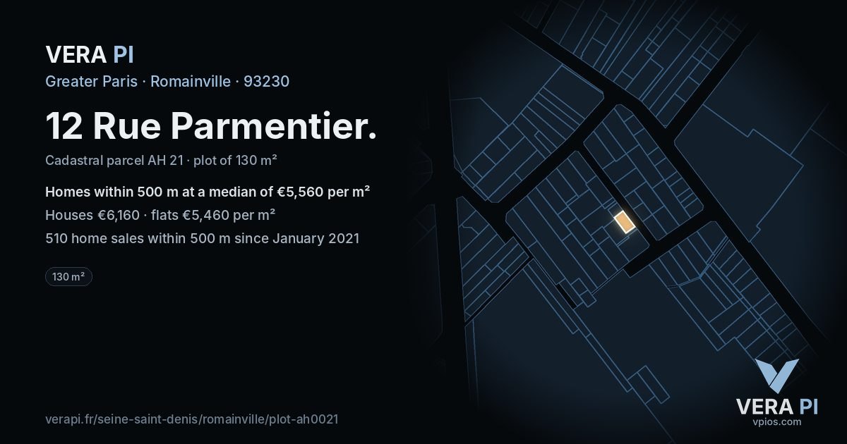 12 Rue Parmentier, Romainville at night – the plot lit, the parcels around coloured by the prices near them