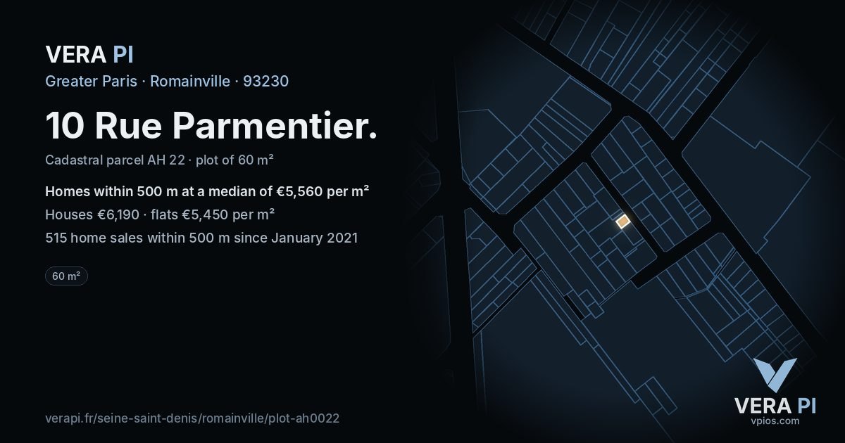 10 Rue Parmentier, Romainville at night – the plot lit, the parcels around coloured by the prices near them