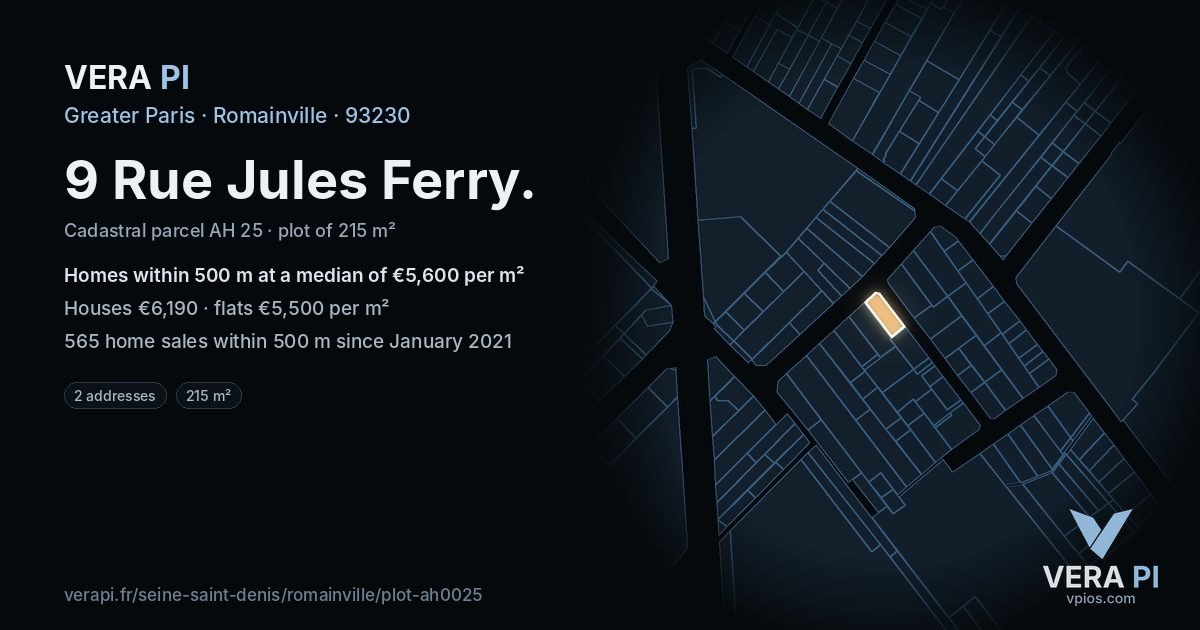 9 Rue Jules Ferry, Romainville at night – the plot lit, the parcels around coloured by the prices near them