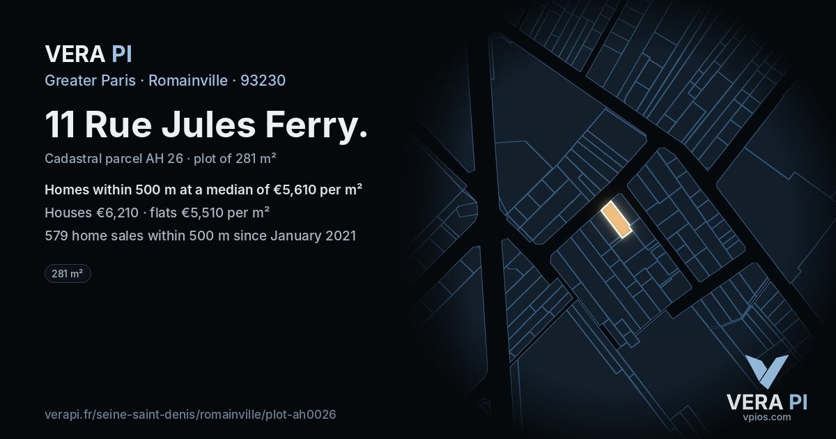 11 Rue Jules Ferry, Romainville at night – the plot lit, the parcels around coloured by the prices near them
