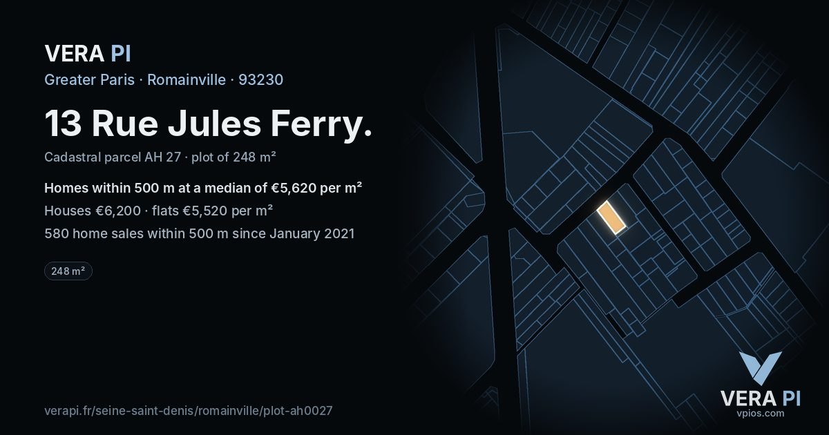 13 Rue Jules Ferry, Romainville at night – the plot lit, the parcels around coloured by the prices near them
