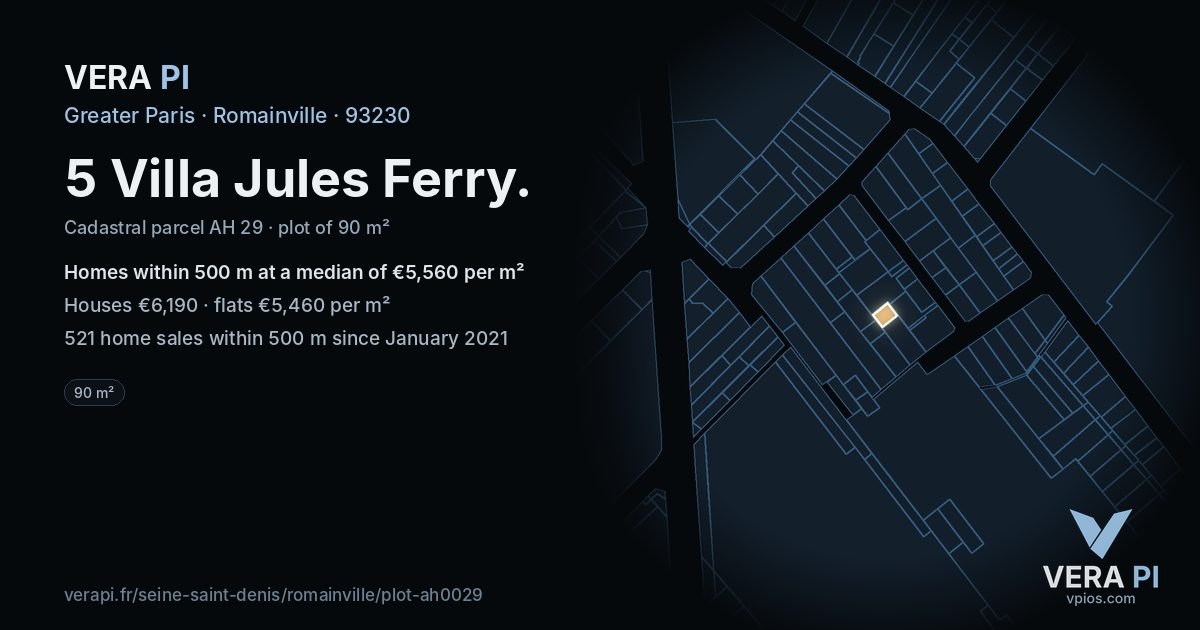 5 Villa Jules Ferry, Romainville at night – the plot lit, the parcels around coloured by the prices near them