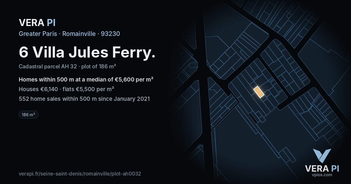 6 Villa Jules Ferry, Romainville at night – the plot lit, the parcels around coloured by the prices near them