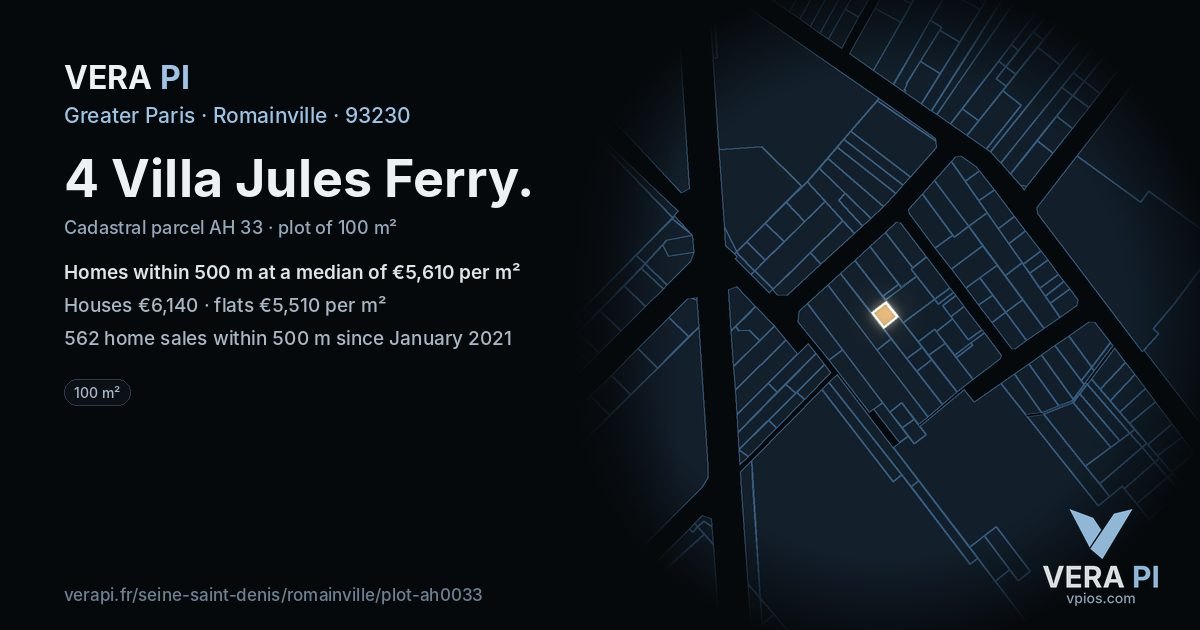 4 Villa Jules Ferry, Romainville at night – the plot lit, the parcels around coloured by the prices near them
