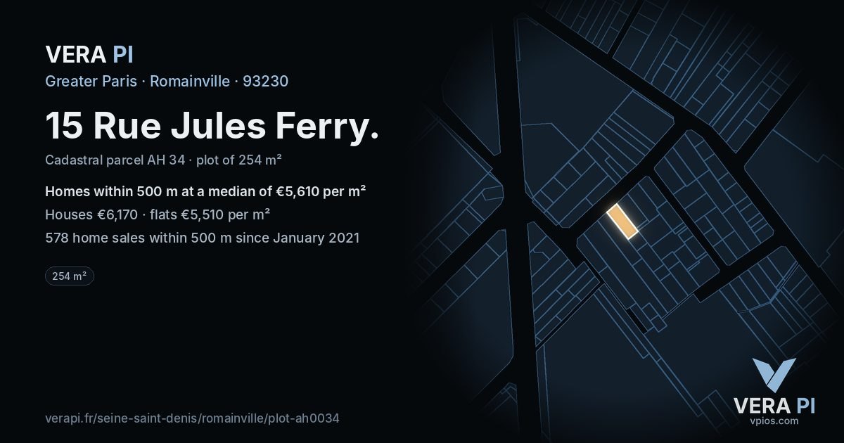 15 Rue Jules Ferry, Romainville at night – the plot lit, the parcels around coloured by the prices near them