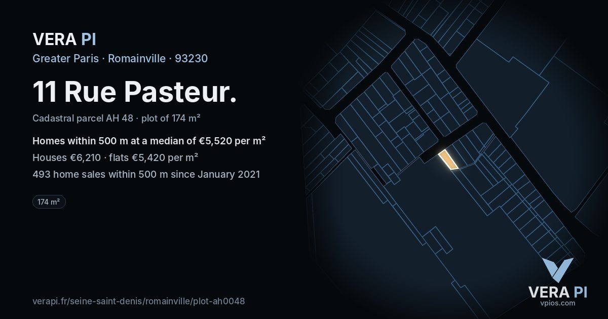 11 Rue Pasteur, Romainville at night – the plot lit, the parcels around coloured by the prices near them