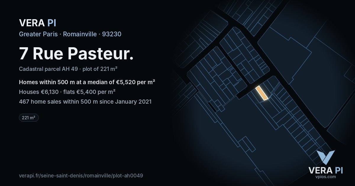 7 Rue Pasteur, Romainville at night – the plot lit, the parcels around coloured by the prices near them