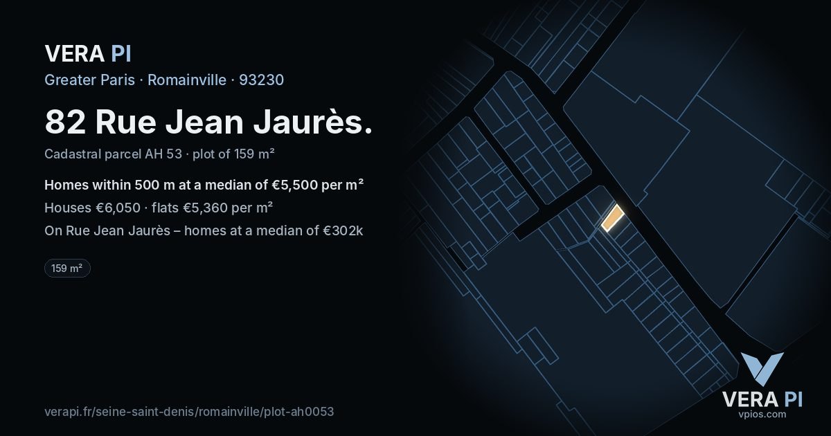 82 Rue Jean Jaurès, Romainville at night – the plot lit, the parcels around coloured by the prices near them