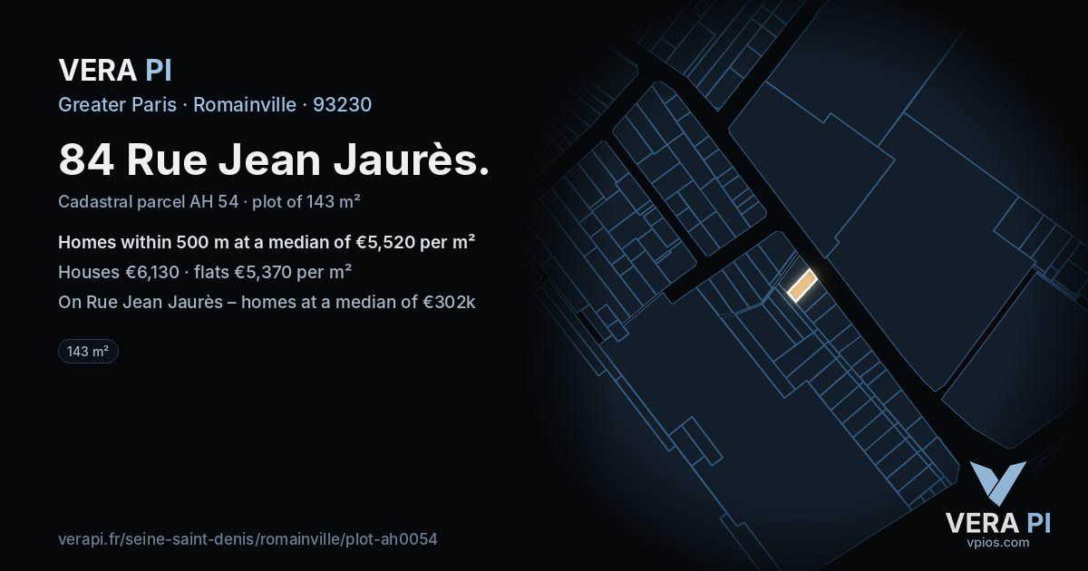 84 Rue Jean Jaurès, Romainville at night – the plot lit, the parcels around coloured by the prices near them