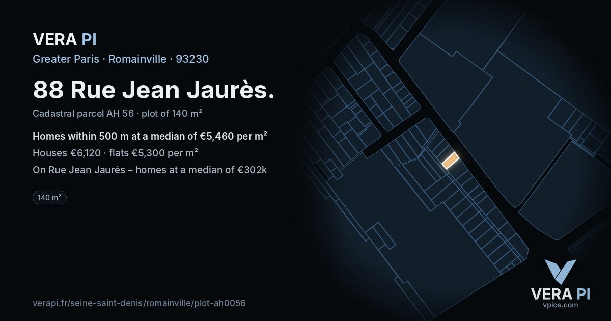88 Rue Jean Jaurès, Romainville at night – the plot lit, the parcels around coloured by the prices near them