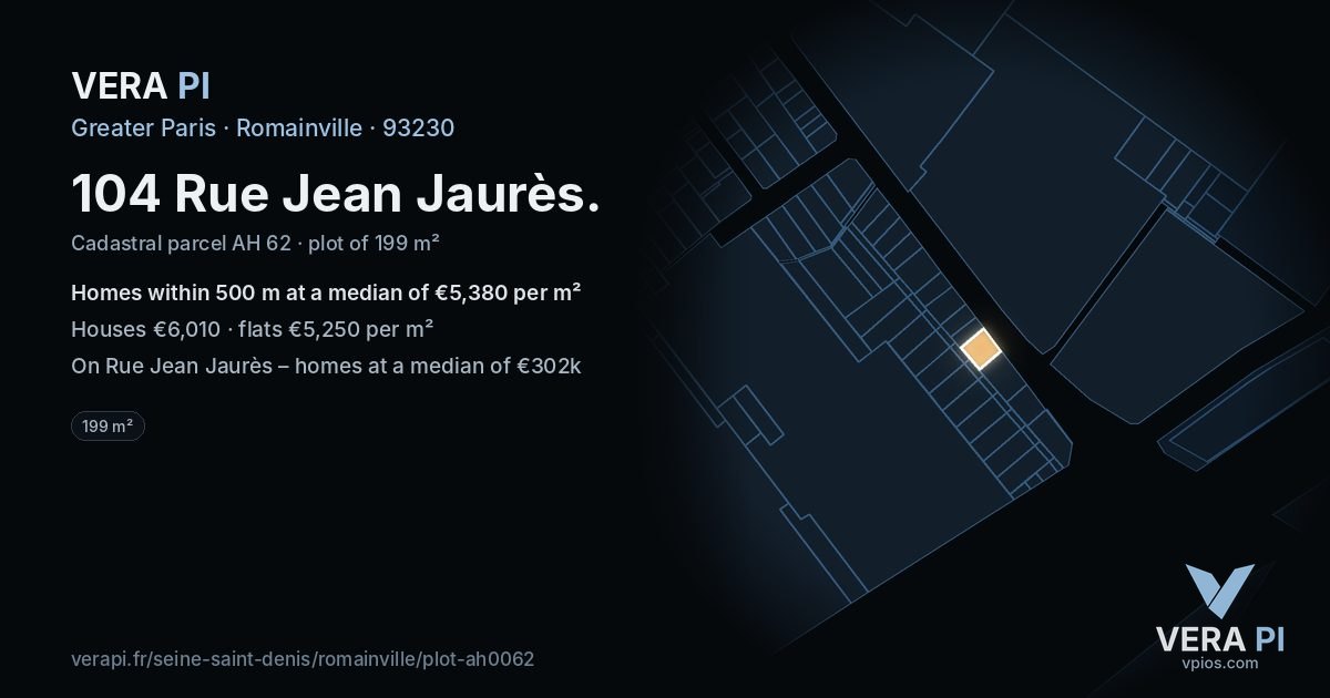 104 Rue Jean Jaurès, Romainville at night – the plot lit, the parcels around coloured by the prices near them