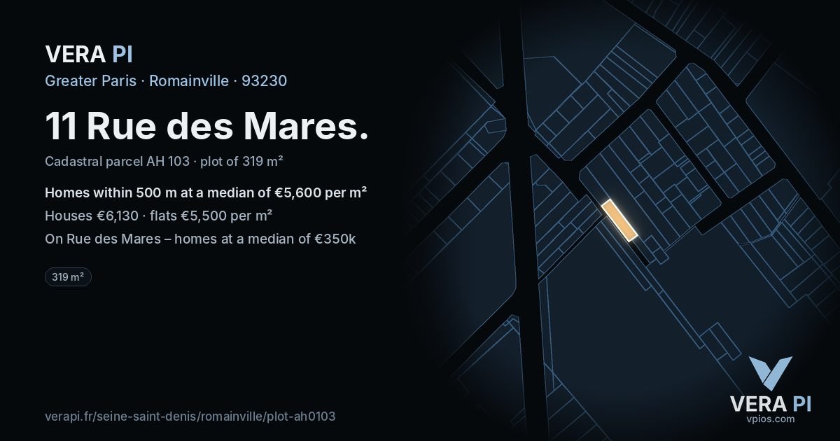 11 Rue des Mares, Romainville at night – the plot lit, the parcels around coloured by the prices near them
