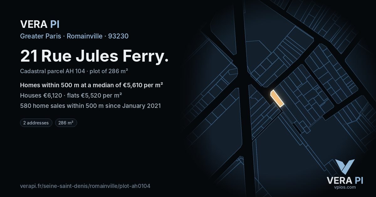 21 Rue Jules Ferry, Romainville at night – the plot lit, the parcels around coloured by the prices near them