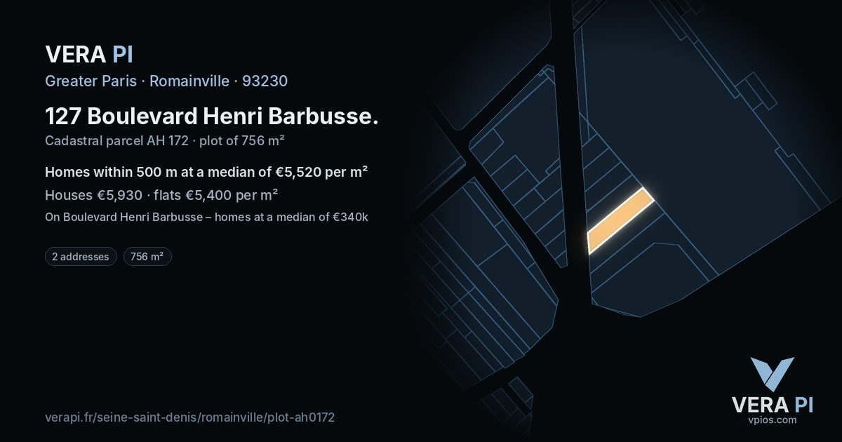 127 Boulevard Henri Barbusse, Romainville at night – the plot lit, the parcels around coloured by the prices near them