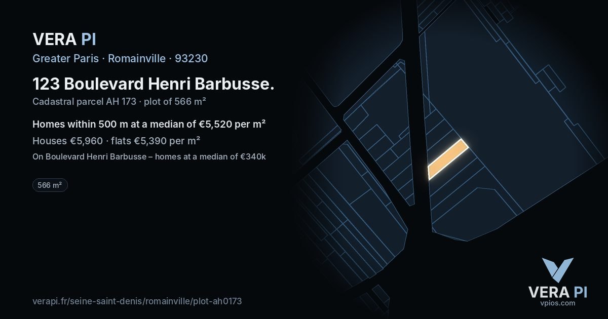 123 Boulevard Henri Barbusse, Romainville at night – the plot lit, the parcels around coloured by the prices near them