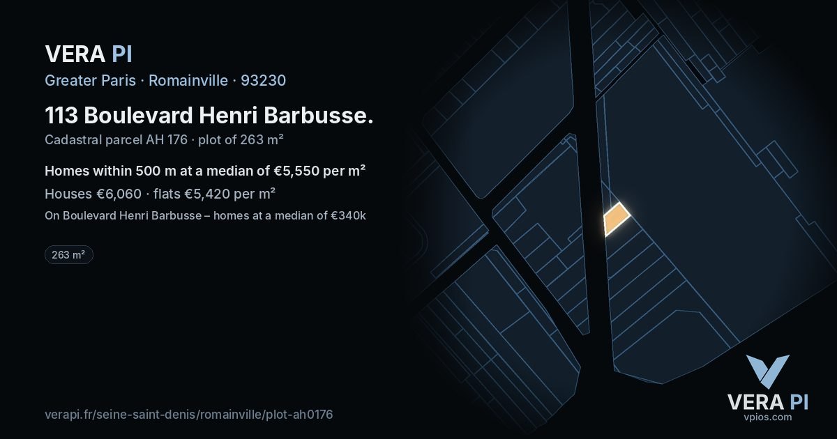 113 Boulevard Henri Barbusse, Romainville at night – the plot lit, the parcels around coloured by the prices near them