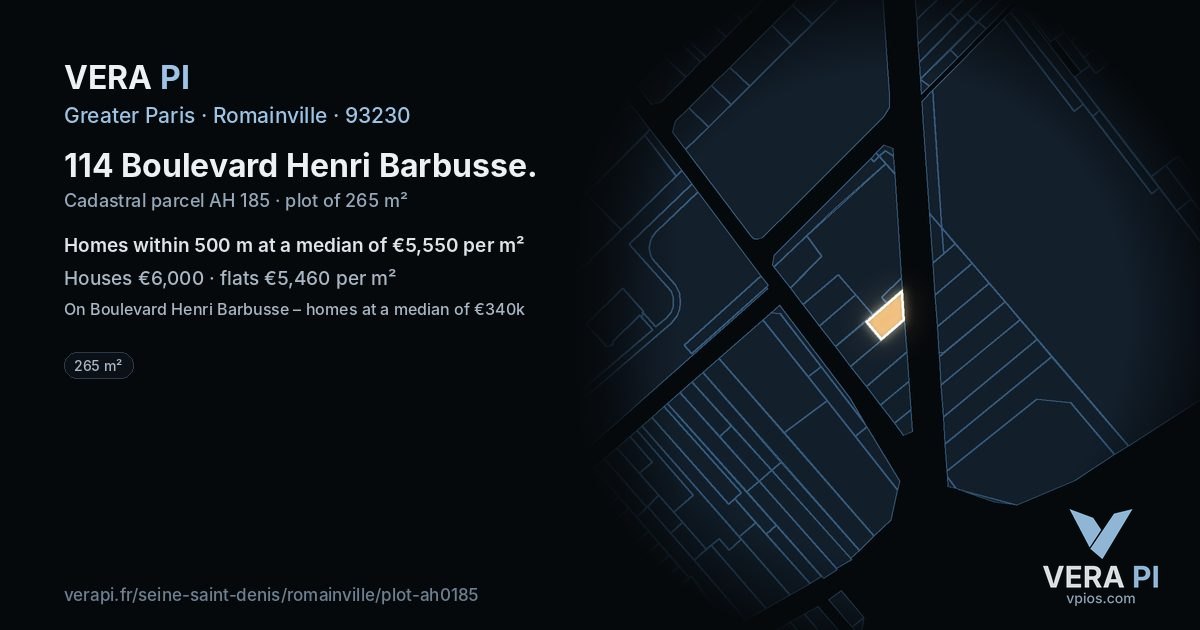 114 Boulevard Henri Barbusse, Romainville at night – the plot lit, the parcels around coloured by the prices near them