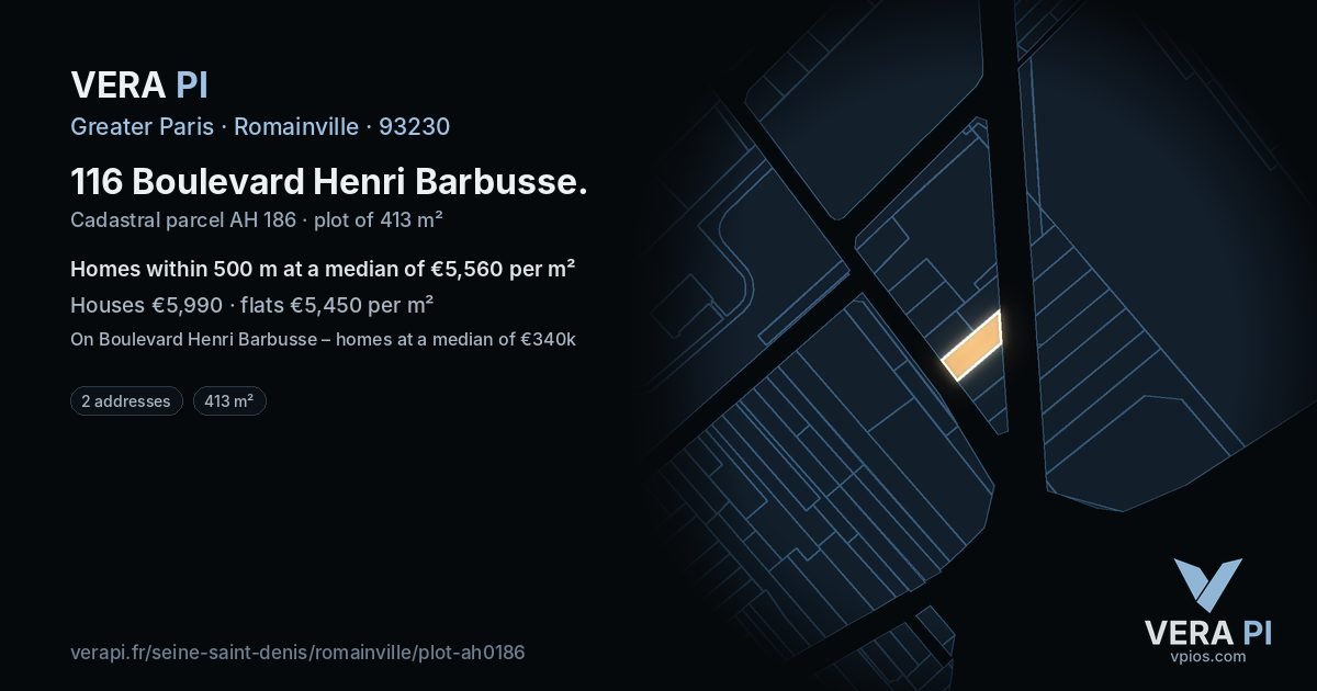 116 Boulevard Henri Barbusse, Romainville at night – the plot lit, the parcels around coloured by the prices near them