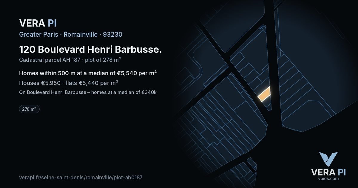 120 Boulevard Henri Barbusse, Romainville at night – the plot lit, the parcels around coloured by the prices near them