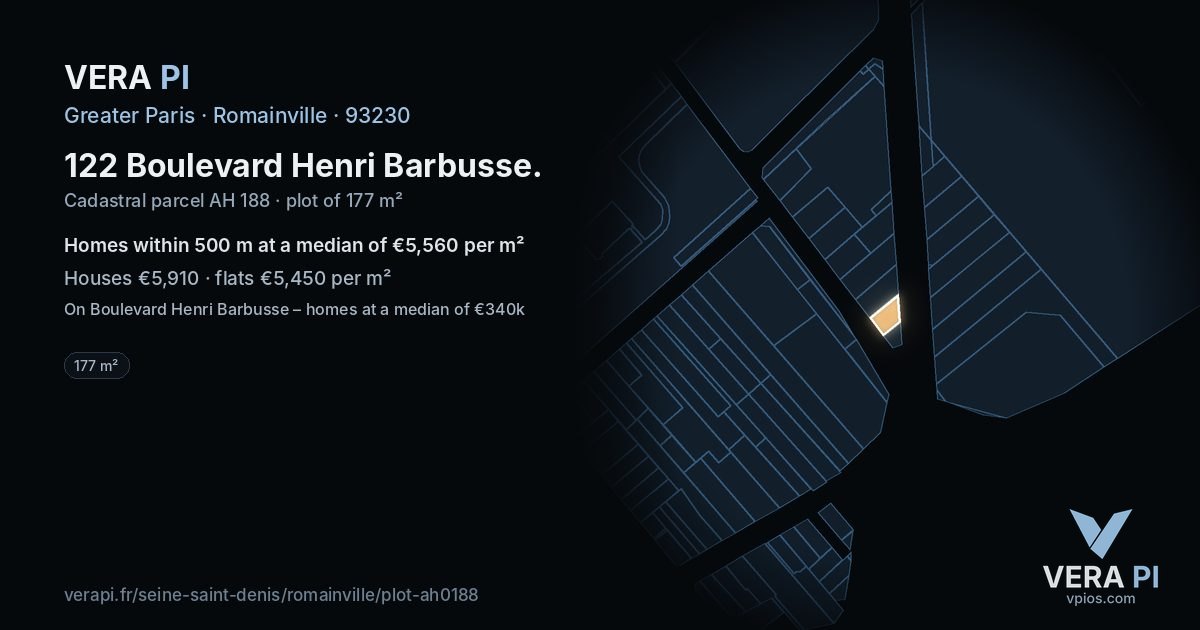 122 Boulevard Henri Barbusse, Romainville at night – the plot lit, the parcels around coloured by the prices near them