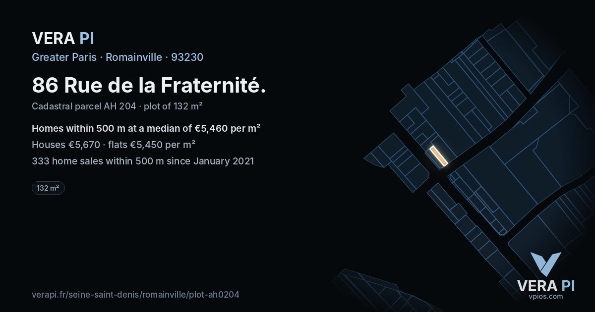 86 Rue de la Fraternité, Romainville at night – the plot lit, the parcels around coloured by the prices near them