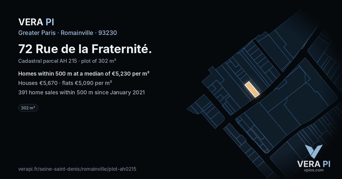 72 Rue de la Fraternité, Romainville at night – the plot lit, the parcels around coloured by the prices near them