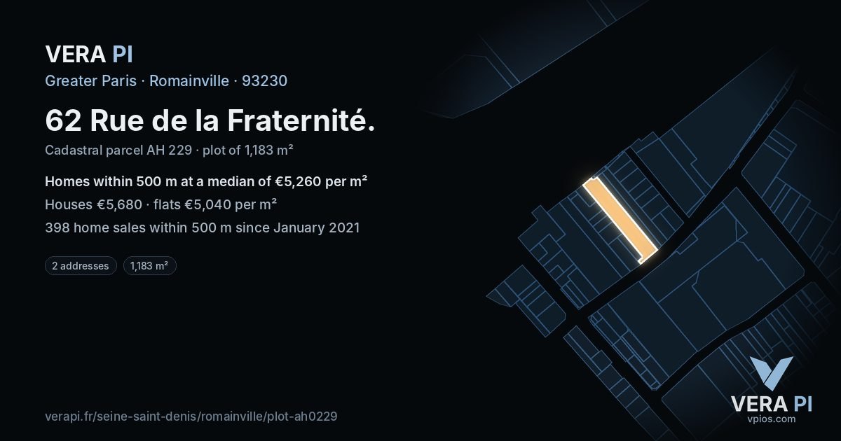 62 Rue de la Fraternité, Romainville at night – the plot lit, the parcels around coloured by the prices near them