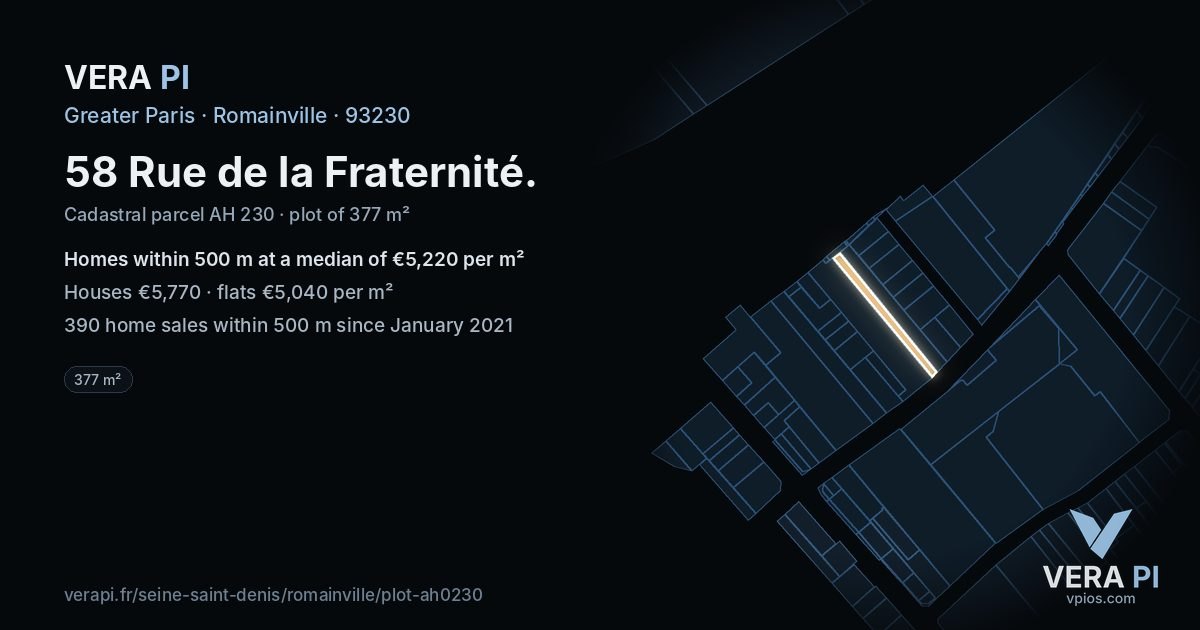 58 Rue de la Fraternité, Romainville at night – the plot lit, the parcels around coloured by the prices near them