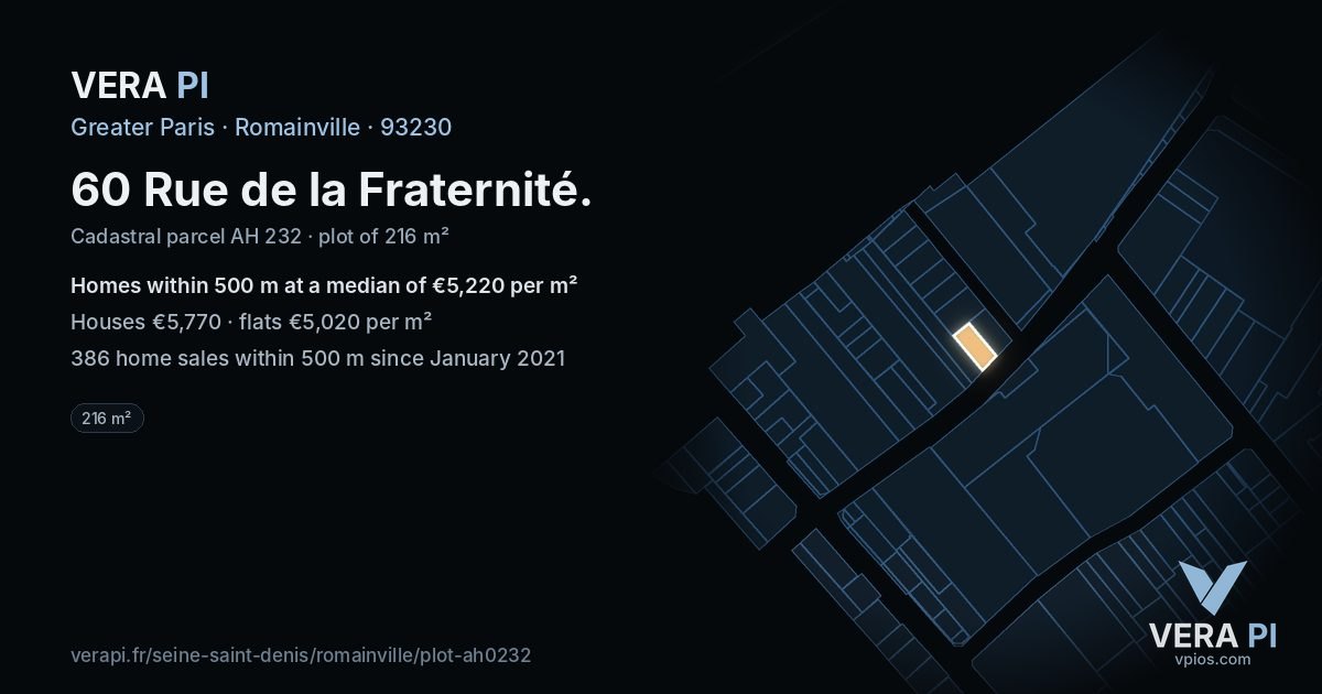 60 Rue de la Fraternité, Romainville at night – the plot lit, the parcels around coloured by the prices near them