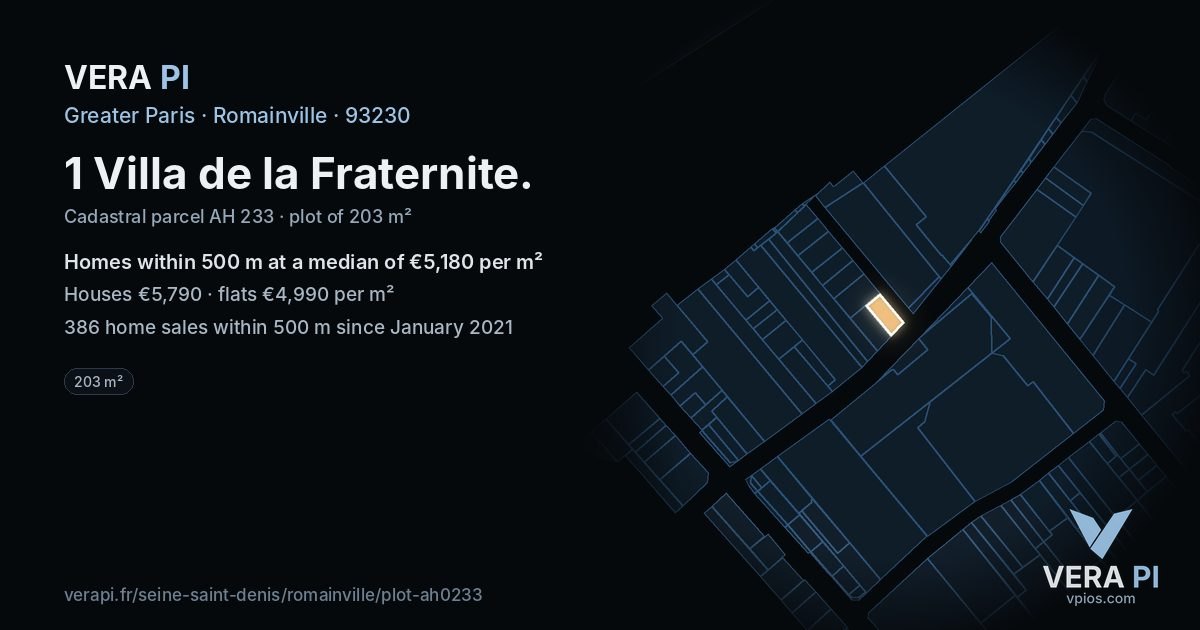 1 Villa de la Fraternite, Romainville at night – the plot lit, the parcels around coloured by the prices near them