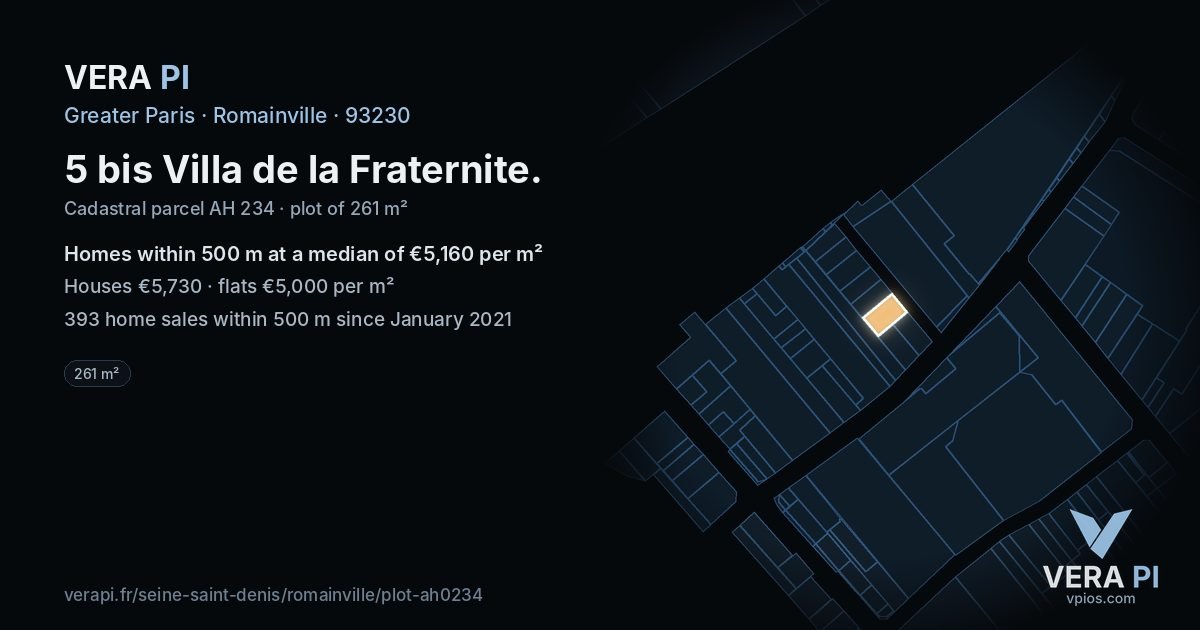 5 bis Villa de la Fraternite, Romainville at night – the plot lit, the parcels around coloured by the prices near them
