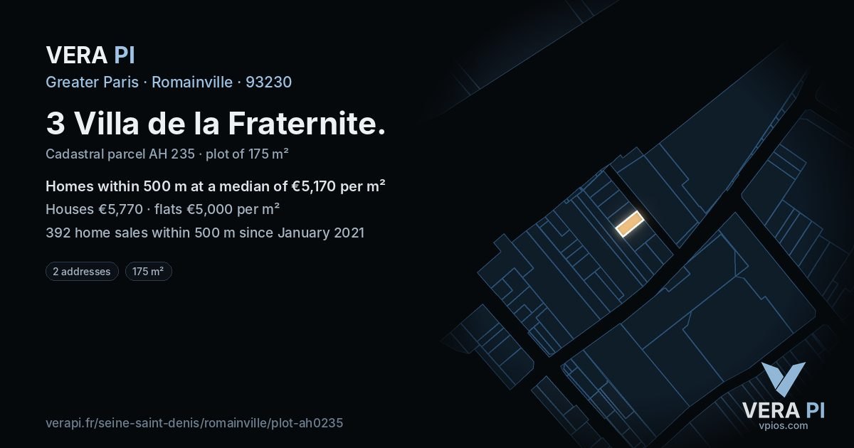 3 Villa de la Fraternite, Romainville at night – the plot lit, the parcels around coloured by the prices near them