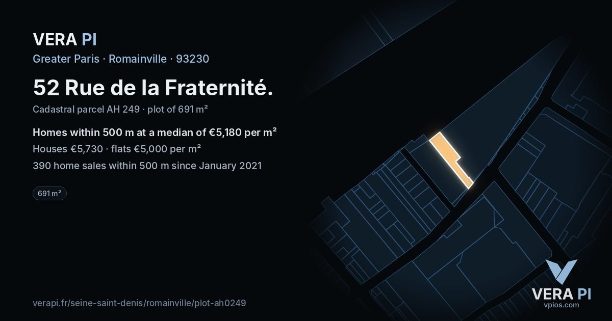 52 Rue de la Fraternité, Romainville at night – the plot lit, the parcels around coloured by the prices near them