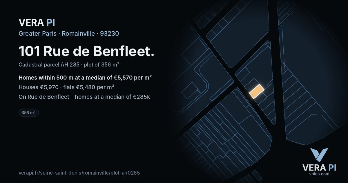 101 Rue de Benfleet, Romainville at night – the plot lit, the parcels around coloured by the prices near them