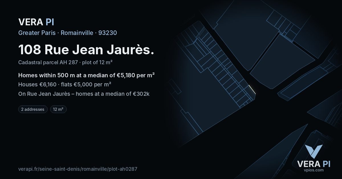 108 Rue Jean Jaurès, Romainville at night – the plot lit, the parcels around coloured by the prices near them