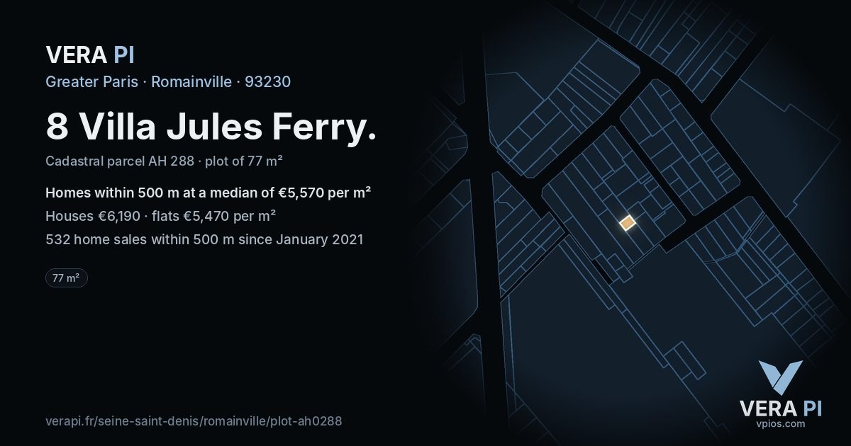 8 Villa Jules Ferry, Romainville at night – the plot lit, the parcels around coloured by the prices near them