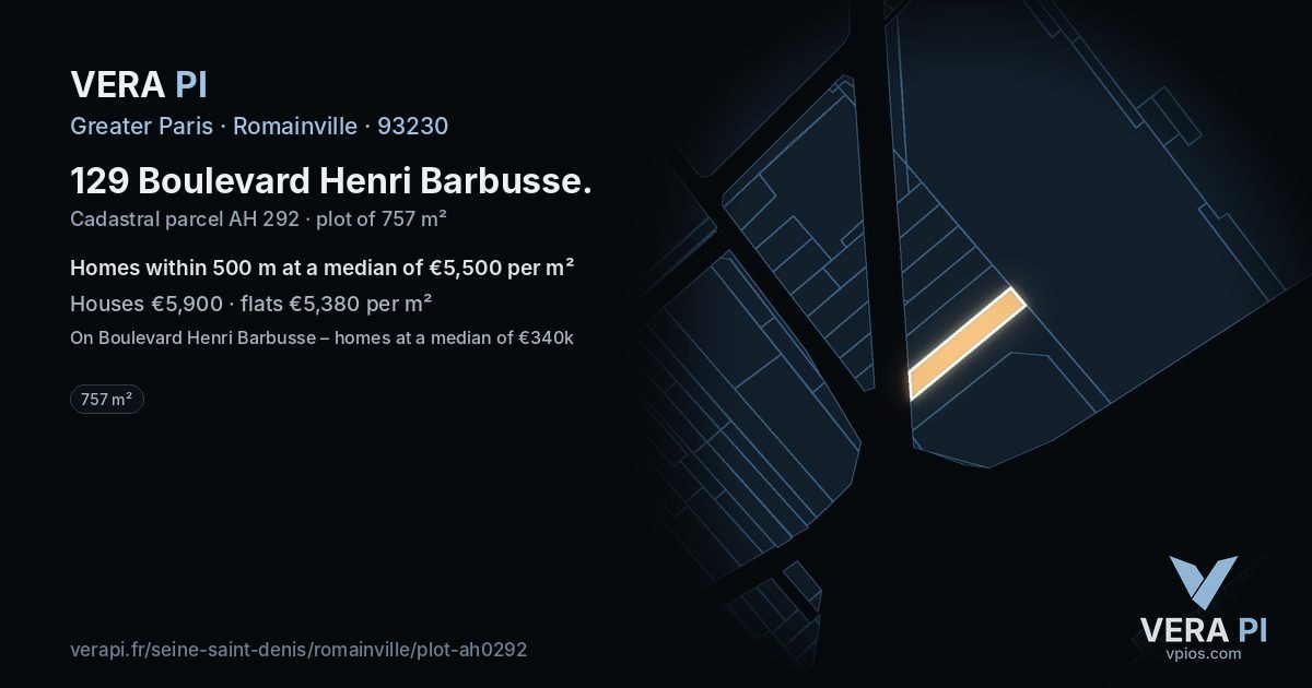 129 Boulevard Henri Barbusse, Romainville at night – the plot lit, the parcels around coloured by the prices near them