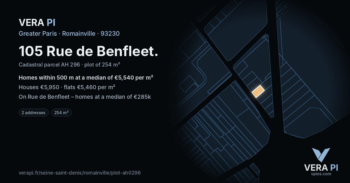 105 Rue de Benfleet, Romainville at night – the plot lit, the parcels around coloured by the prices near them