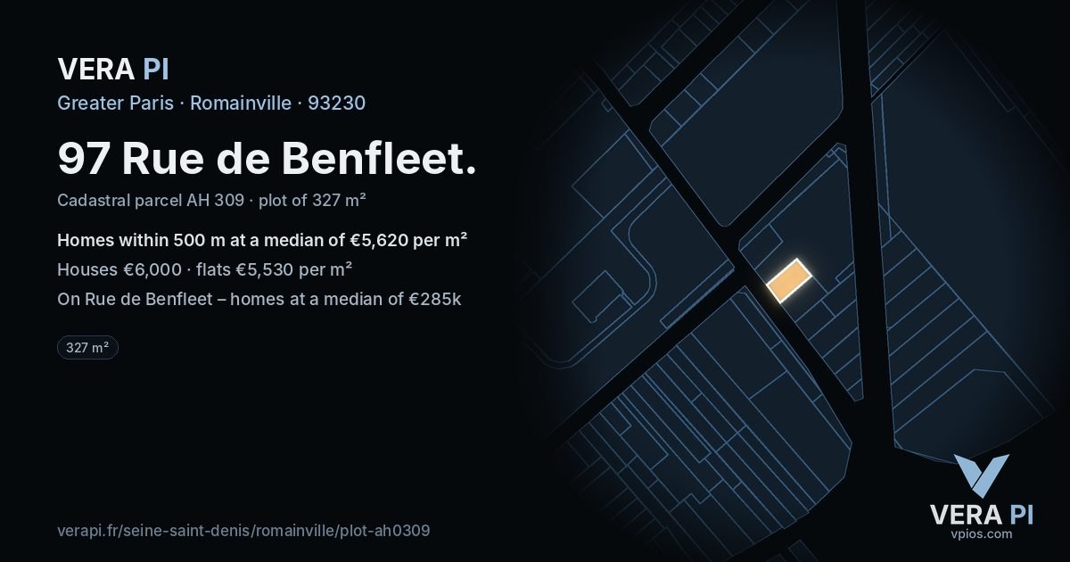 97 Rue de Benfleet, Romainville at night – the plot lit, the parcels around coloured by the prices near them