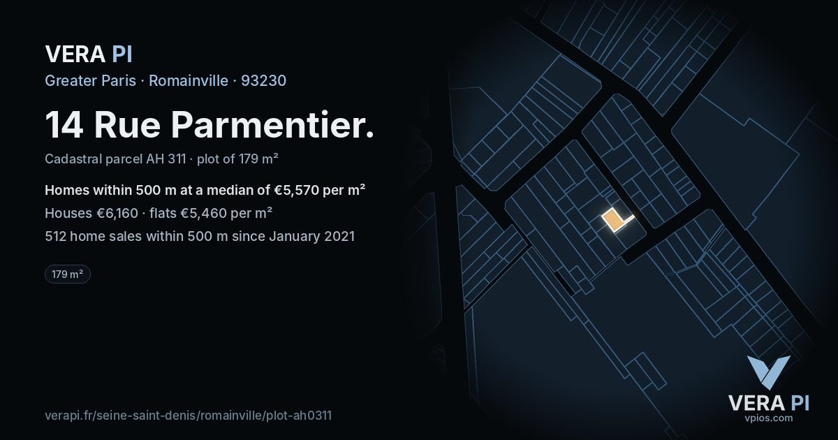 14 Rue Parmentier, Romainville at night – the plot lit, the parcels around coloured by the prices near them
