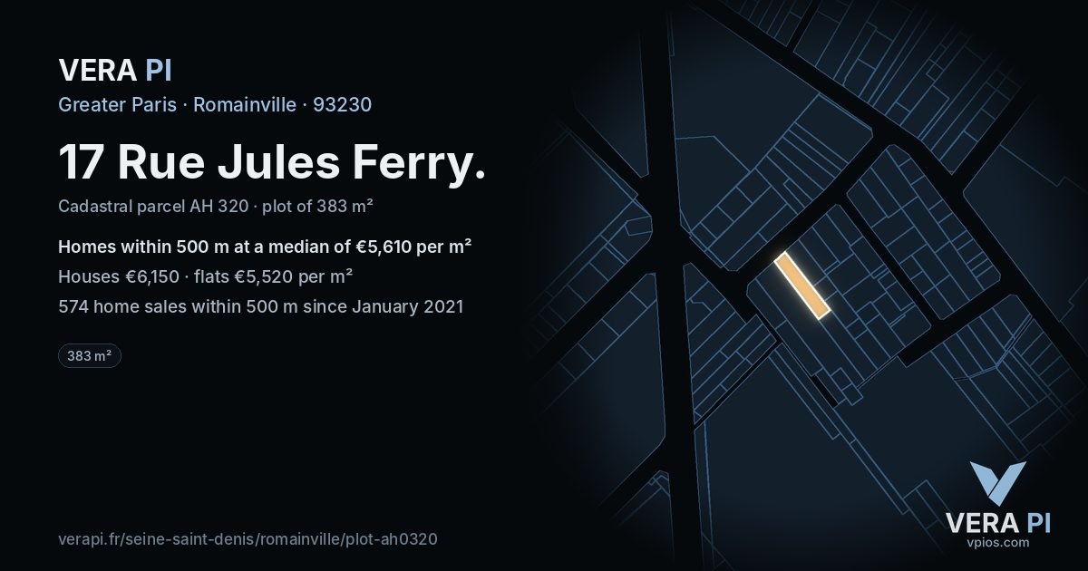 17 Rue Jules Ferry, Romainville at night – the plot lit, the parcels around coloured by the prices near them