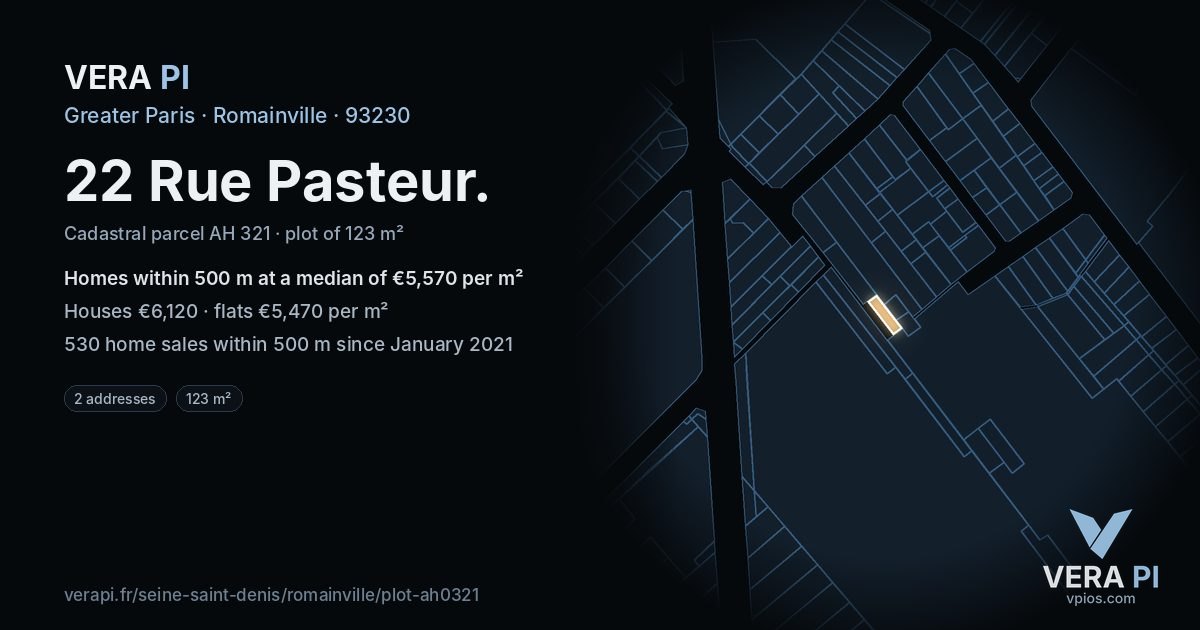 22 Rue Pasteur, Romainville at night – the plot lit, the parcels around coloured by the prices near them