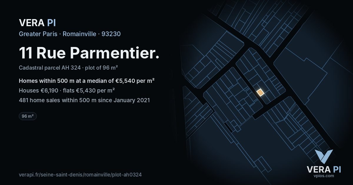 11 Rue Parmentier, Romainville at night – the plot lit, the parcels around coloured by the prices near them