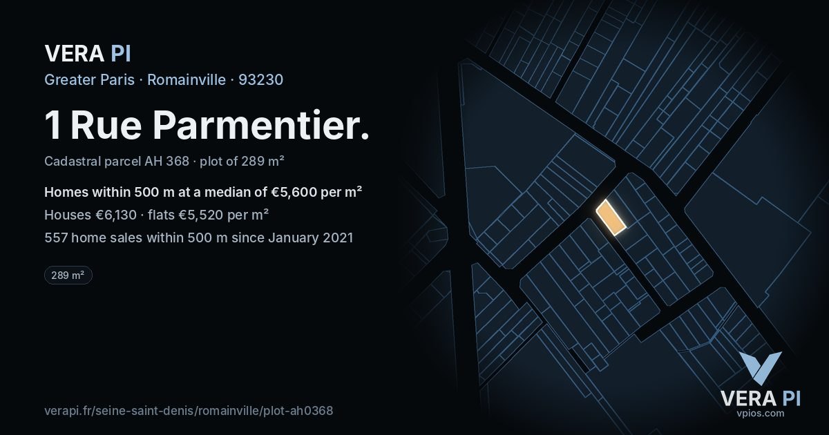 1 Rue Parmentier, Romainville at night – the plot lit, the parcels around coloured by the prices near them