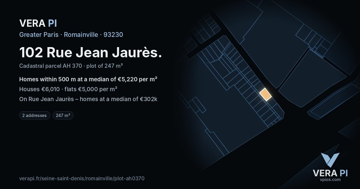 102 Rue Jean Jaurès, Romainville at night – the plot lit, the parcels around coloured by the prices near them