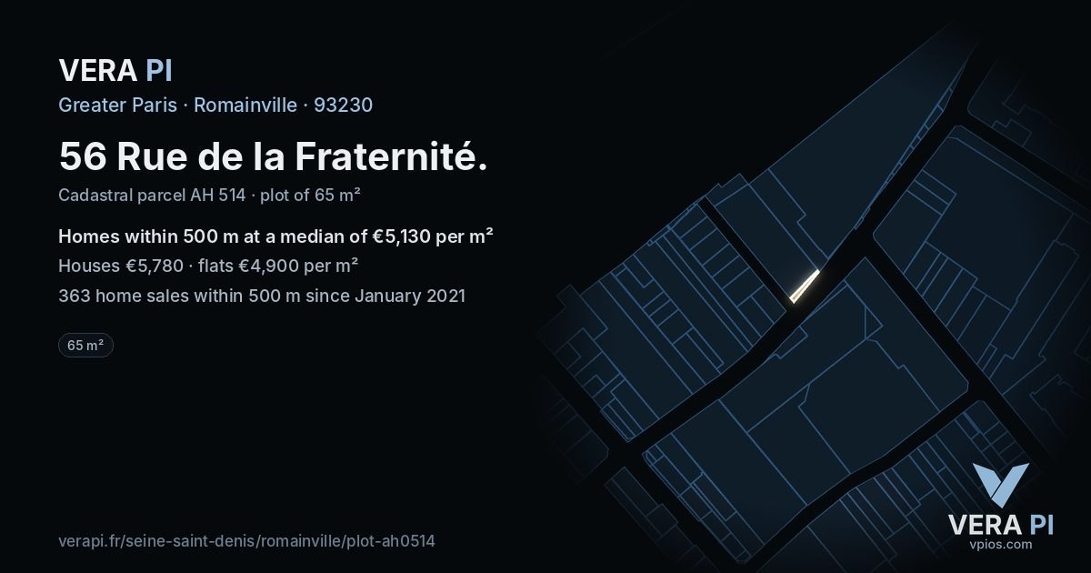 56 Rue de la Fraternité, Romainville at night – the plot lit, the parcels around coloured by the prices near them